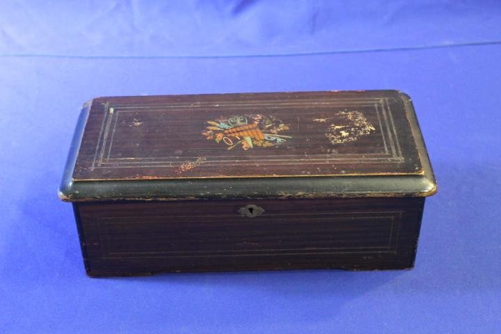 Antique Swiss Cylinder Music Box 8 Songs: Antique Swiss Cylinder Music Box 8 Song w/ Nice Hand Decorated Wooden Case - Unrestored, 13.5" x 6.5"