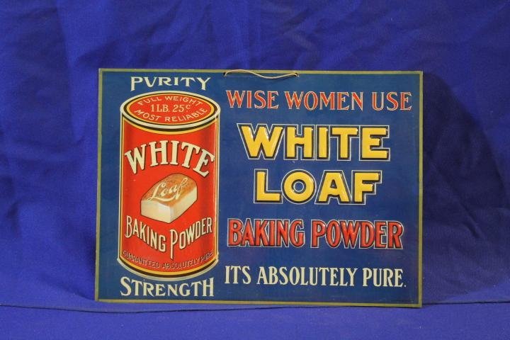 Vintage White Loaf Baking Powder Embossed Metal Sign w/: Vintage White Loaf Baking Powder Embossed Metal Sign w/ Beautiful Graphics, 13.5" x 10"