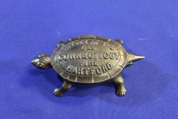Cast Iron Turtle Match Safe Connecticut Fire Adv. 5.25" (1 of 2)