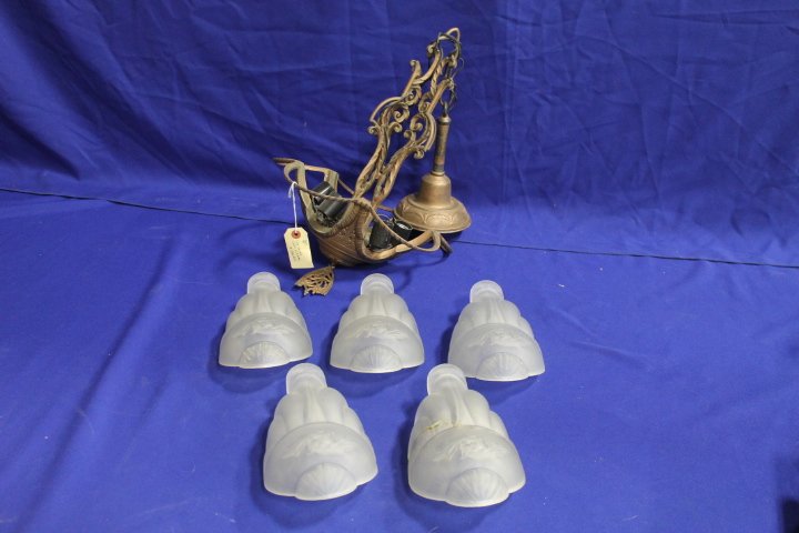 Old Brass Hanging Light Fixture w/ 5 Glass Slip Shades (1 of 3)