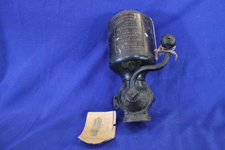 Cannister Coffee Mill mfg. for Jas. W. Scudder & Co.: Has original paper instruction sheet. 
