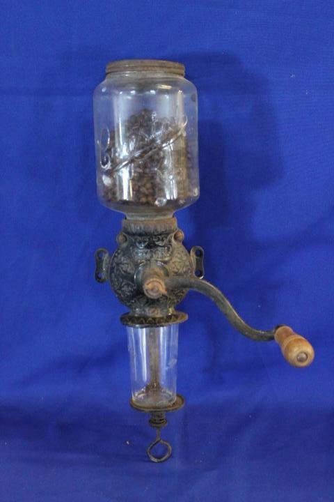 Arcade Crystal No. 3 Coffee Grinder 20" Tall: Arcade Crystal No. 3 Coffee Grinder 20" Tall, Top Glass is Original, The Bottom Catch Glass is After Market Glass