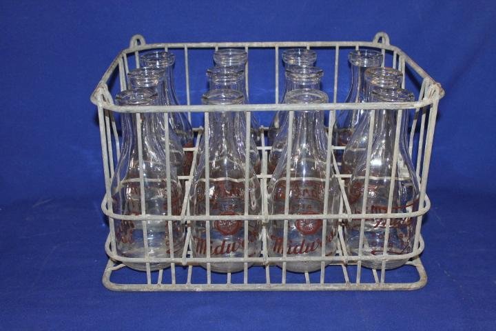 Wire Crate and Case of 12 Vintage Milk Bottles, Midwest: Wire Crate and Case of 12 Vintage Milk Bottles, Midwest Dairy