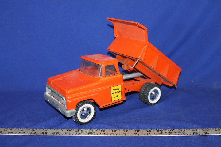 Vintage Tonka Dump Truck Toy "State Hi-Way Dept.": Missing Lever to Hold Down Truck Box, Missing Tailgate, Small Crack in Windshield, Possible Repait