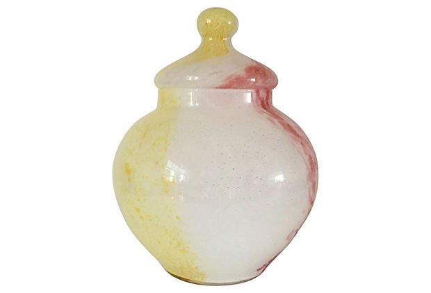 Italian Art Glass Cookie Jar: Italian multicolored glass cookie jar with lid. No maker\\\'s mark.8\\\" W x 11\\\" H