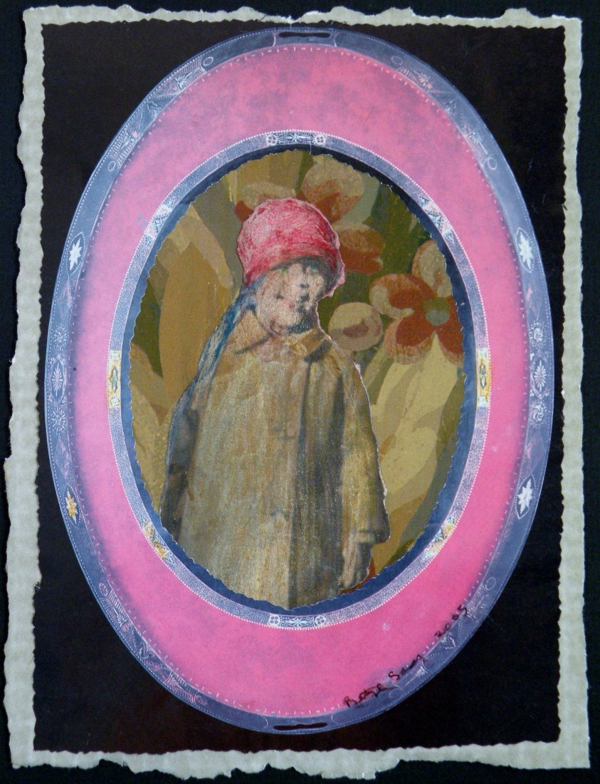BETYE SAAR: Guess Who's Going To Be 70, 1995, Collage, 6.5 x 7 in, Light brown wood: 11 x 12 in., Provenance: Estate of Mary Jane Hewitt