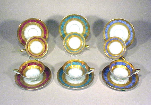 Antique German Porcelain Enamel Cups Saucers: Here is a totally rich and elegant fine porcelain set of demitasse cups and saucers. The shape is truly elegant! There are two of each – two in a robin's egg blue, two in a teal green color and two