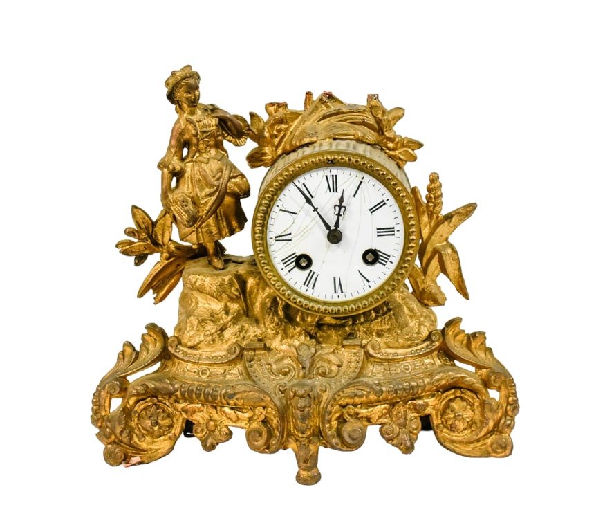 French Gilt Metal and Enamel Mantel Clock: * (9 1/2" h x 10 1/2? w) With losses, overall wear, without winding key
