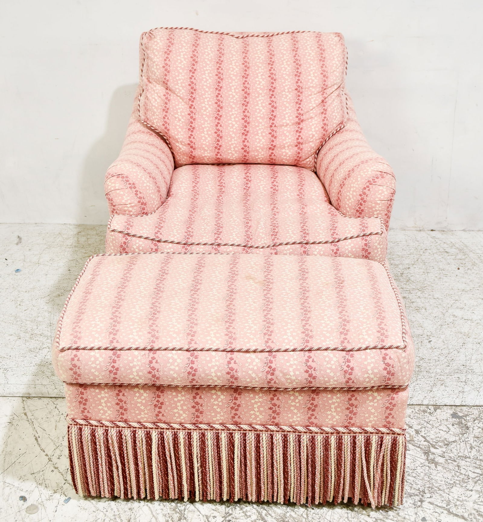 Pink Fringe Upholstered Lounge Chair and Ottoman (1 of 12)