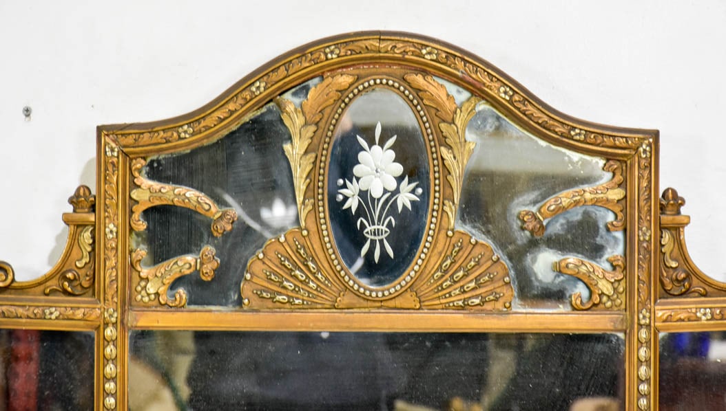 Gilt Painted Etched Glass Mirror: * (43" h x 34" w) Chips to frame