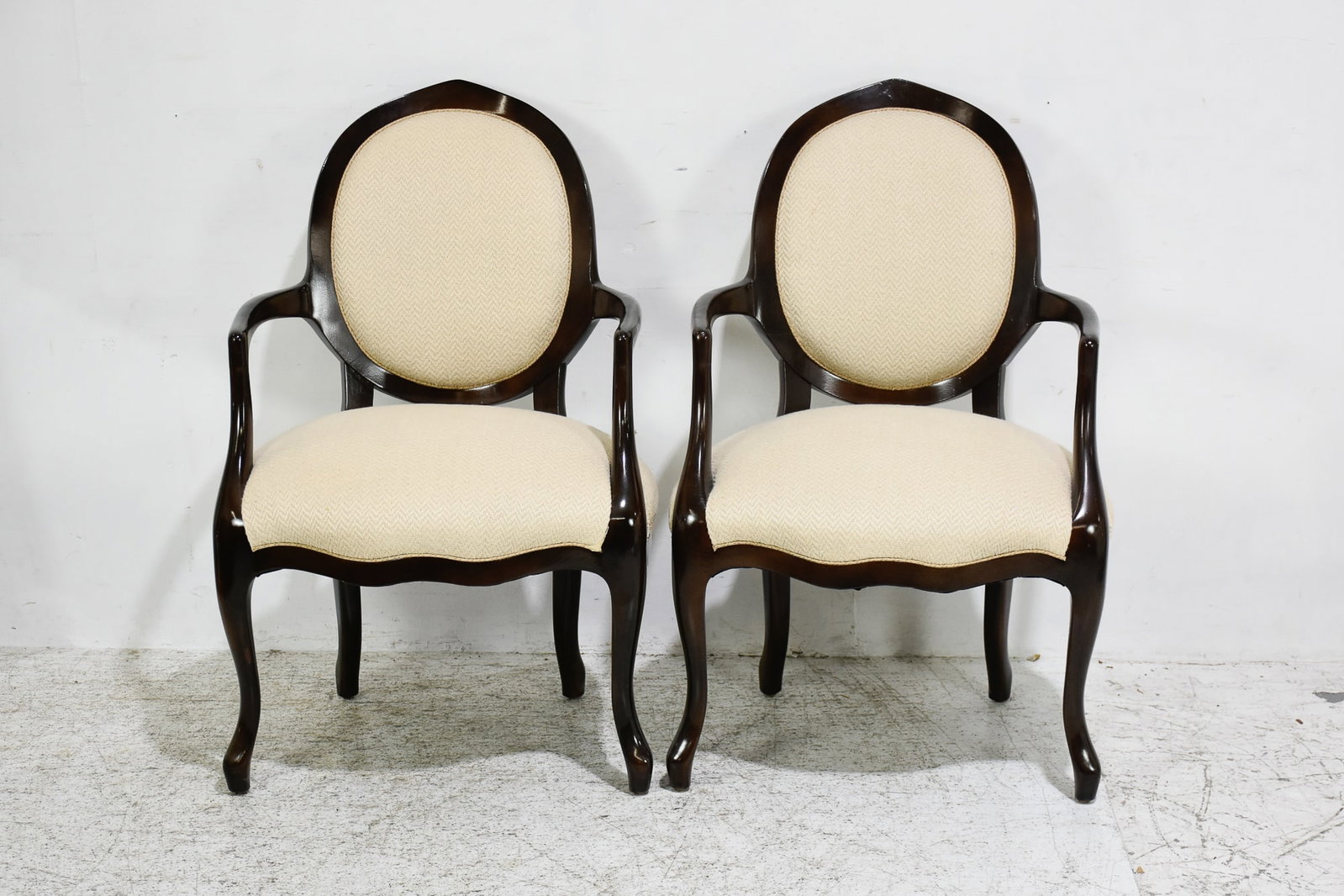 Pair of Louis XVI-Style Mahogany Upholstered Armchairs: 38" h x 24" w x 20 1/2" d