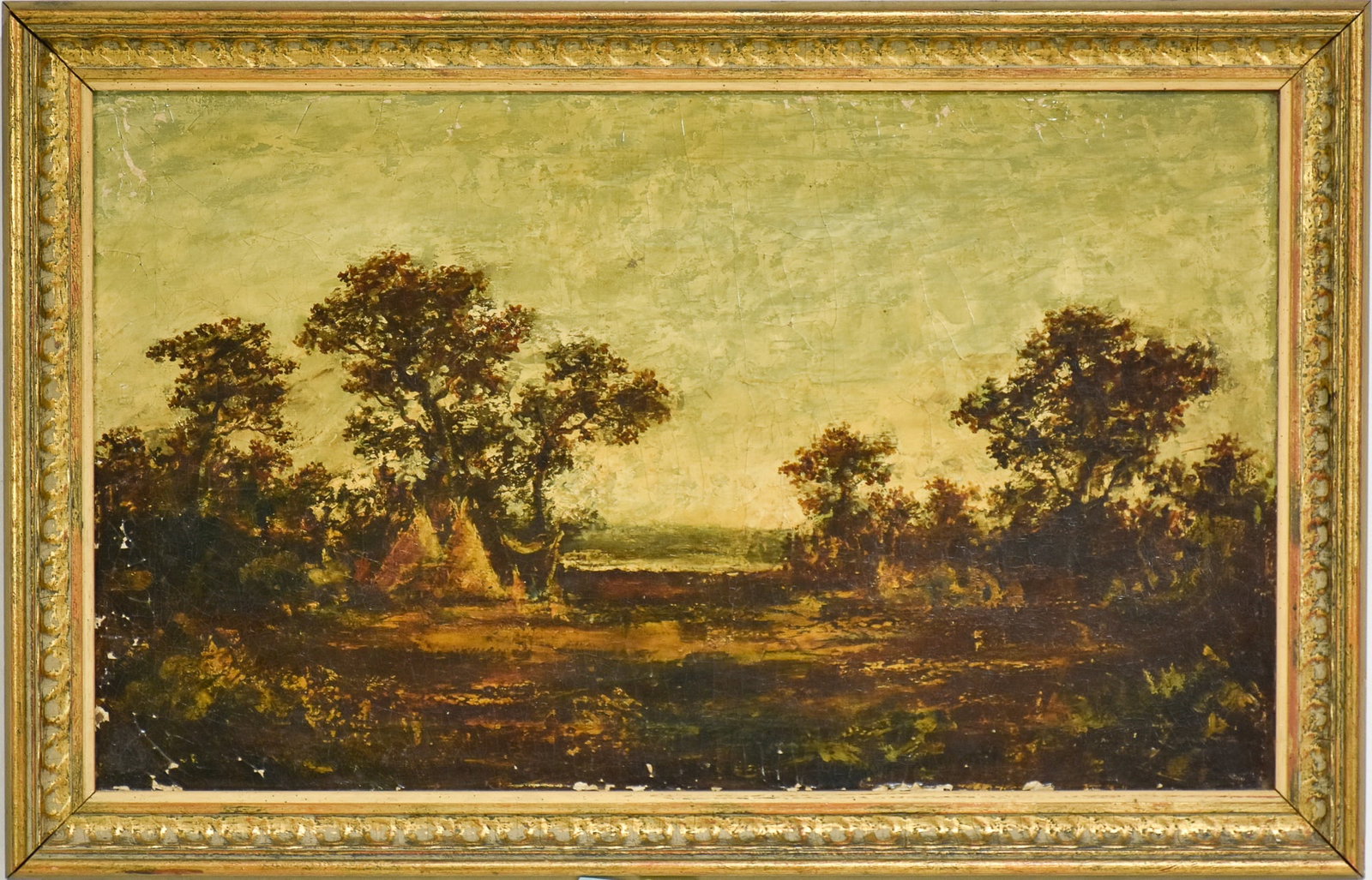 American School: Camping Landscape Oil on canvas Sight 17 3/4" h x 29 3/4" w Overall 22 1/4" x 34 1/4