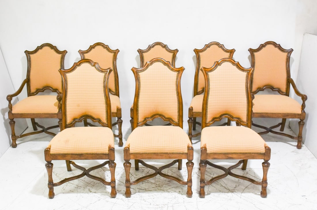 Set of 8 Baroque Style Stained Wood and Upholstered Dining Chairs: Woodland (1) Armchair 43" h x 24" w x 22" d