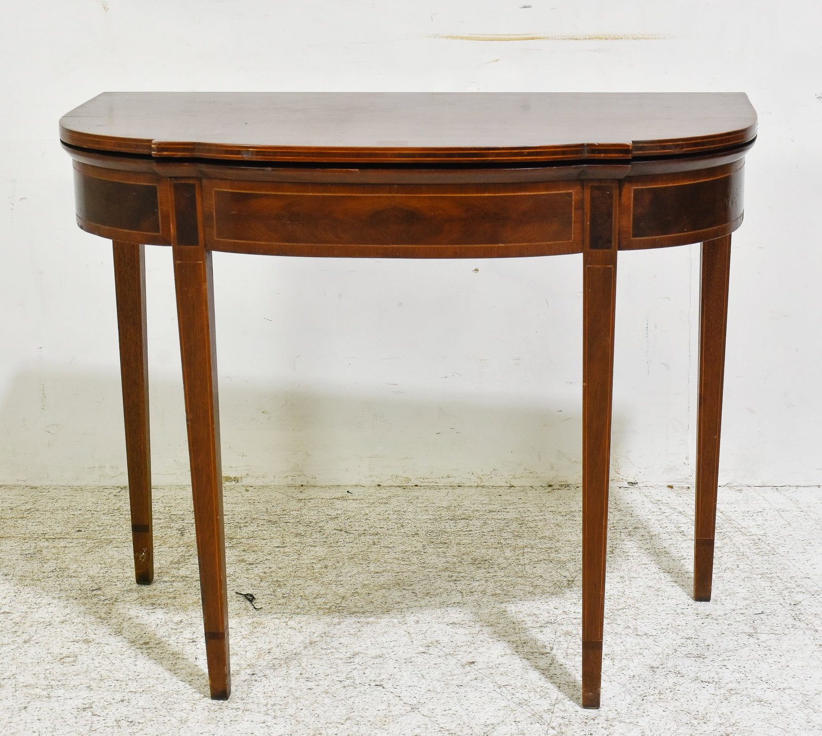 George III Style Banded Mahogany Card Table: 29 1/2" h x 35 3/4" w x 18 3/4" d
