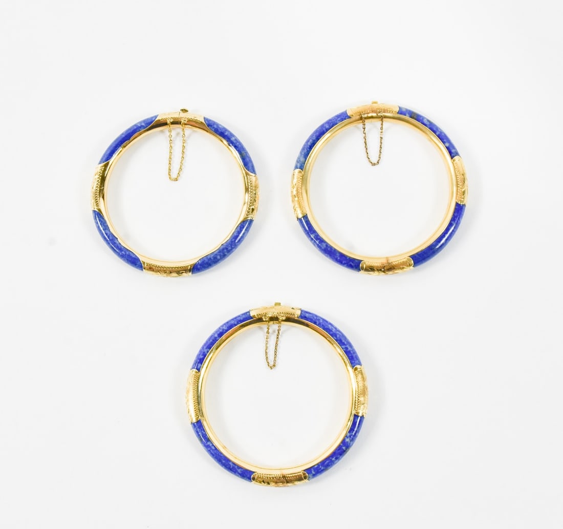Set of 3 14KT gold & sodalite bangles: Ap. 51.7 dwt all in 3" dia