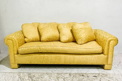 Yellow Damask Upholstered Sofa: -* (27" h x 80" w x 40" d; Seat to floor 19" h) sunfading