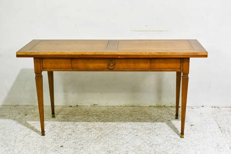 Baker Mahogany Flip-Top Writing Table: -* (29" h x 58" w x 20" w; Open 40"d) Wear to top, scratches and dings, some losses, sun bleaching