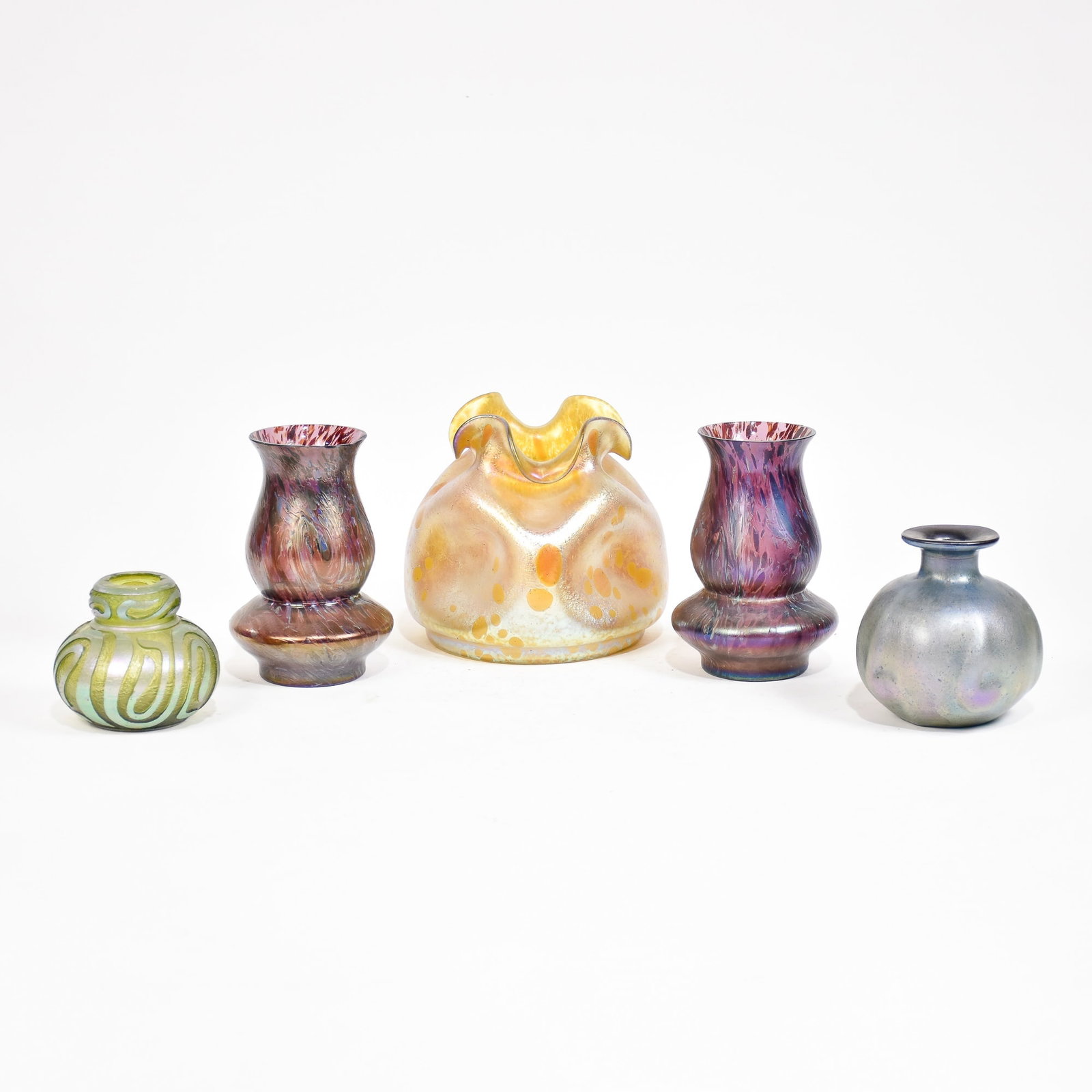 Group of Bohemian Jugendstil Molded Glass Vases: 5 pieces * (Largest 7" h x 6 1/2" dia) Chip to one