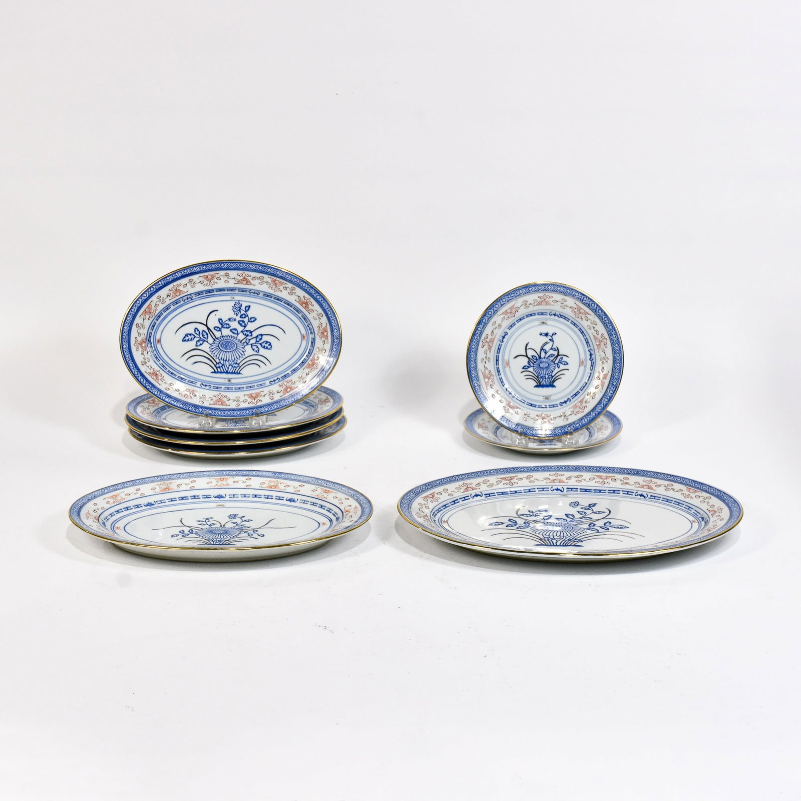 Group of Chinese Porcelain Tableware: 8 pieces * (Largest 14" w x 10" d) Chip to one on bottom rim