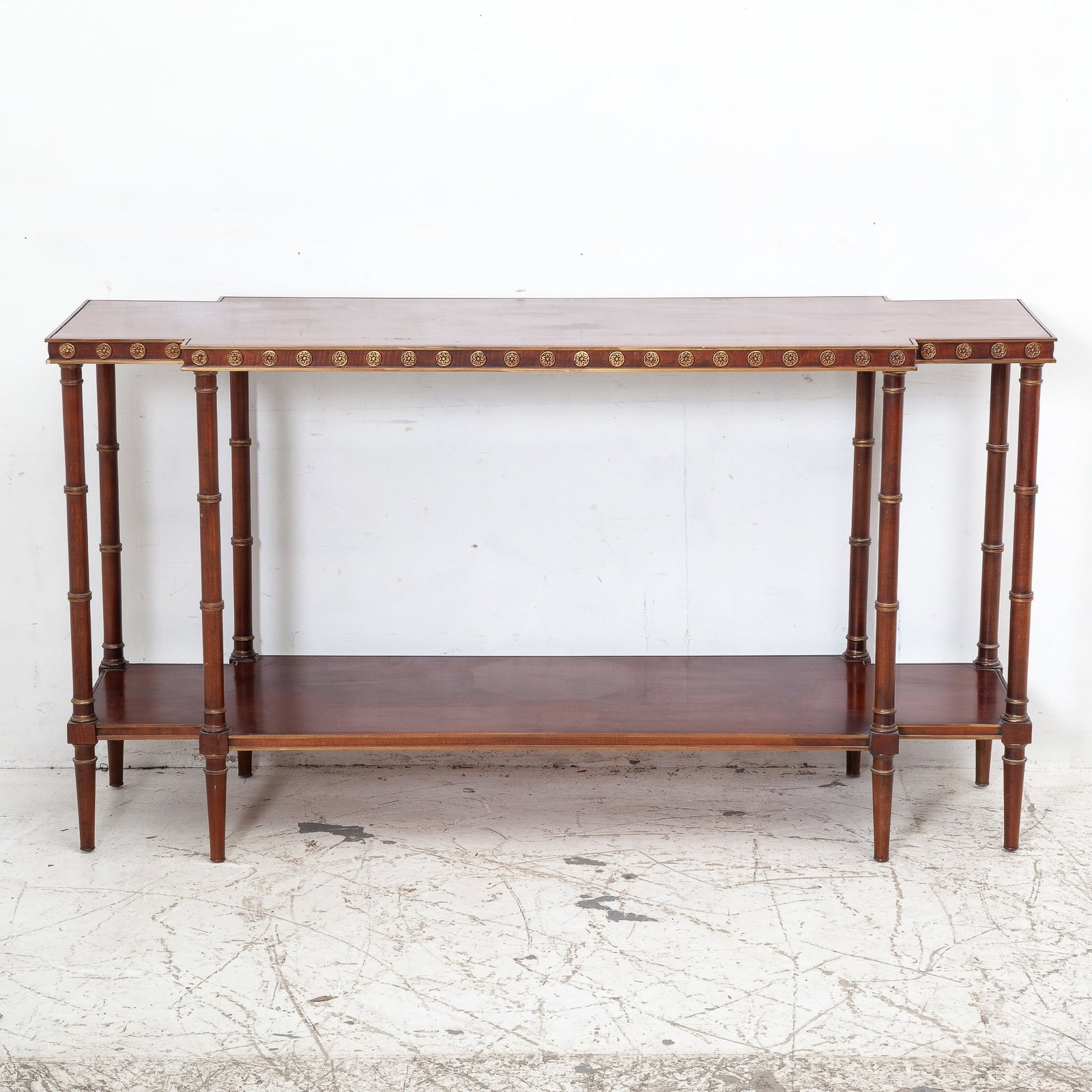 Regency Style Brass-Mounted Stained Wood Breakfronted Two-Tier Console: * (32" h x 59 1/2" w x 19" d) Stains and sunfade to top, old marks and scratches, scuffs to feet, wobbly.
