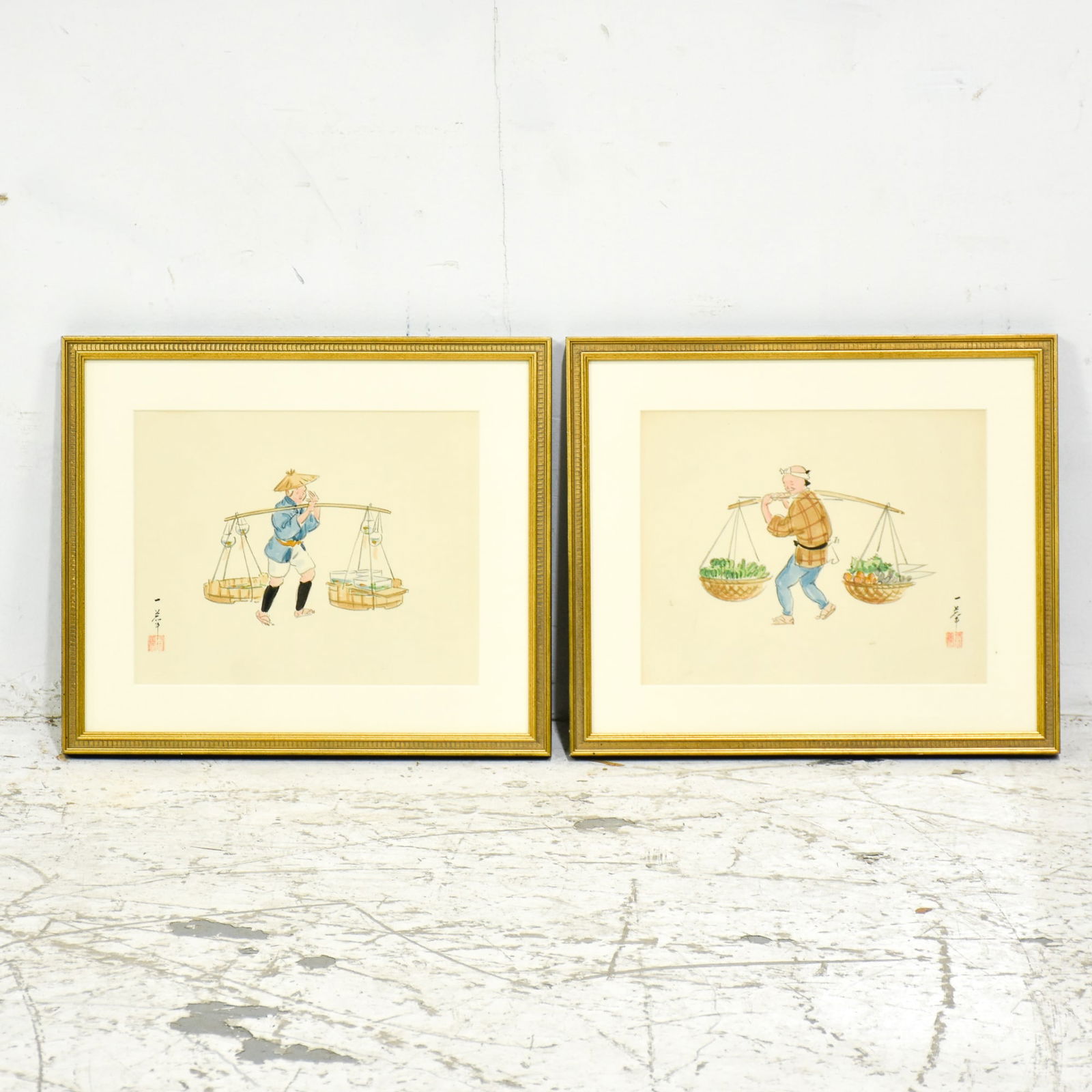 2 Japanese Framed Farmer Illustrations: Watercolor on paper Signed * (Sight 7 1/2" h x 9 1/2" w Overall 11 7/8" x 13 7/8") Good