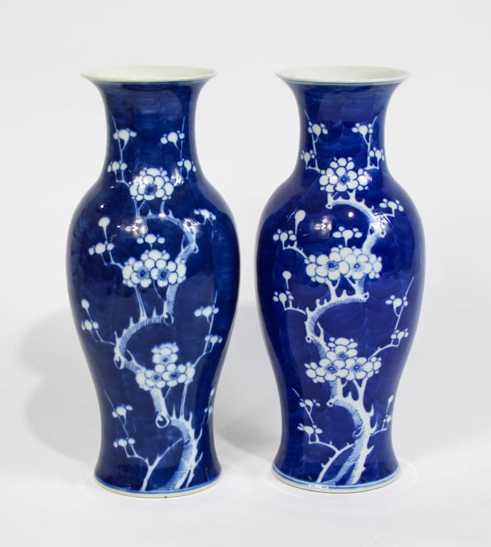 Pair of Chinese Blue and White Porcelain Vases: With cherry blossom decoration * (12” h) Good