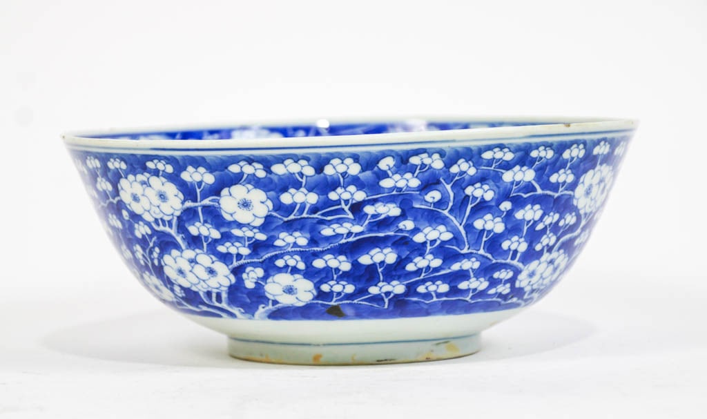 Chinese blue and white Porcelain Bowl: With blossoms, shortening to glaze at center * (9” dia) Some chips and frits to rim