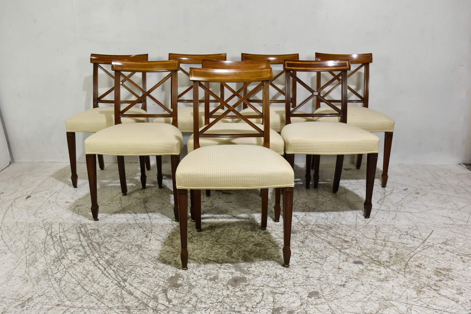 Set 8 Cross-Back Stained Wood Upholstered Dining Chairs: * (33 1/2" h x 17" w x 20" d) Good