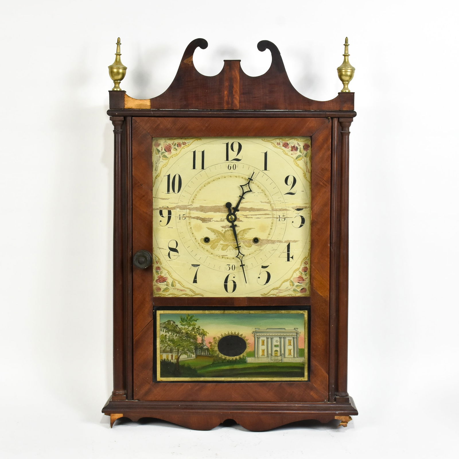 Seth Thomas Mahogany Eglomise Clock: * (26" h x 17 1/4" w x 4 3/8" d) Old repairs, scratches and dings, losses, untested