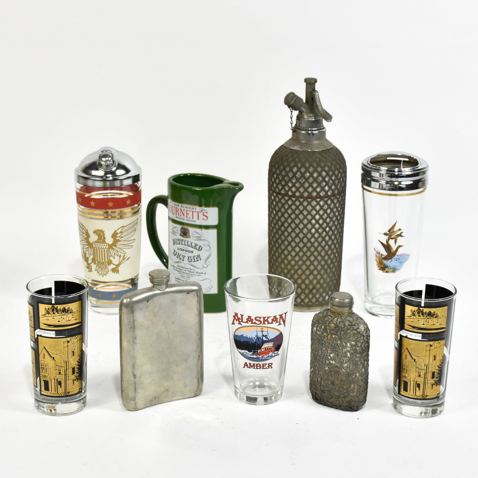 Group of Barware: 9 pieces * (Largest 13 1/2" h) AS IS