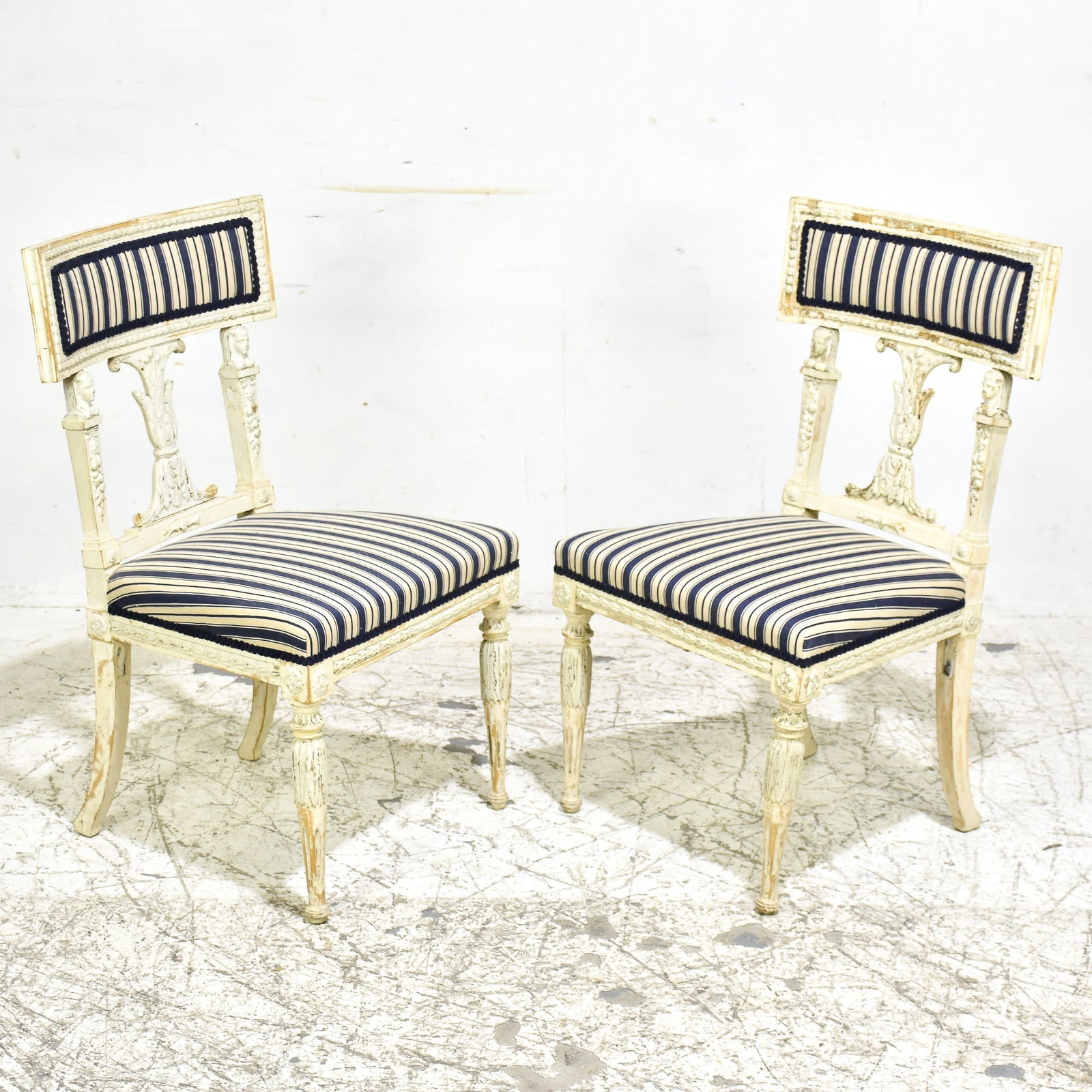 Pair of Swedish Gustavian Style White Painted Stripe Upholstered Side Chairs (1 of 6)