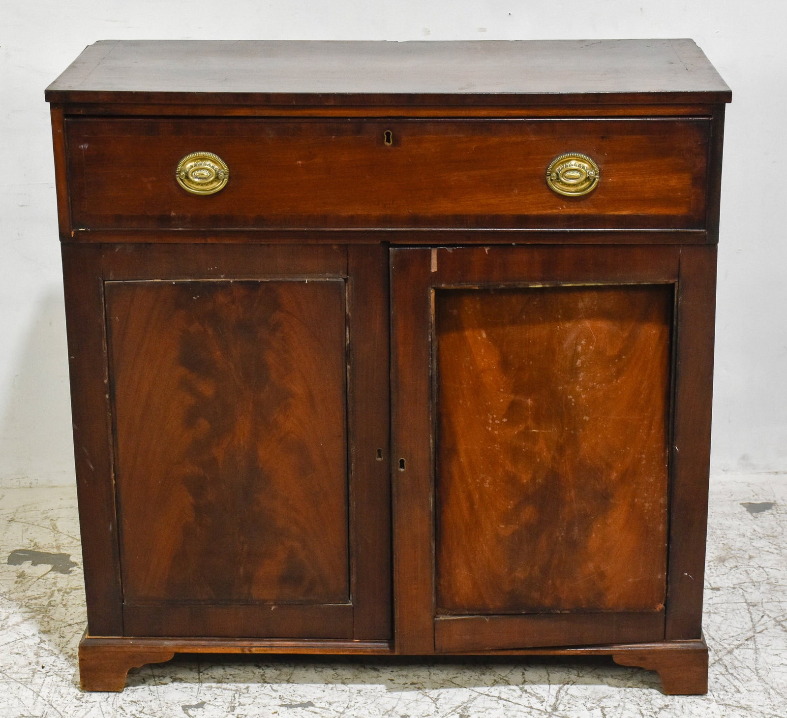 George II Mahogany Secretaire Cabinet: * (38” h x 38 1/2” w x 16 1/4” d ) Overall wear, losses and old repairs, cracks, one door needs reattached