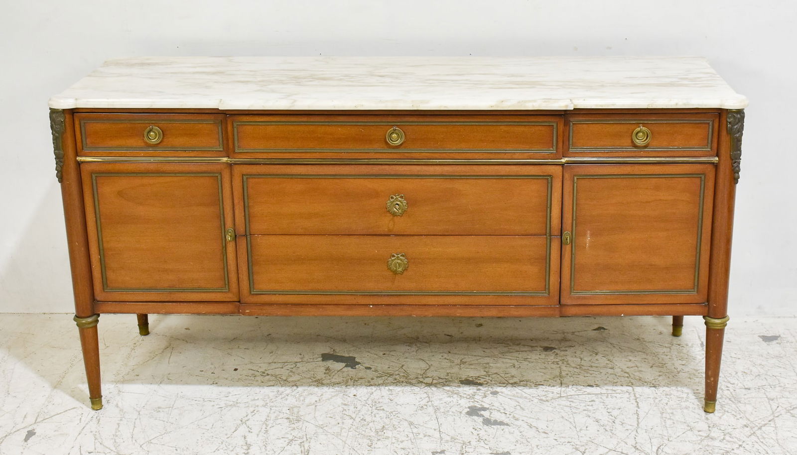Louis XVI Style Marble Top Commode: * (35 1/2" h x 70 3/4" w x 23" d) Scratches and dings