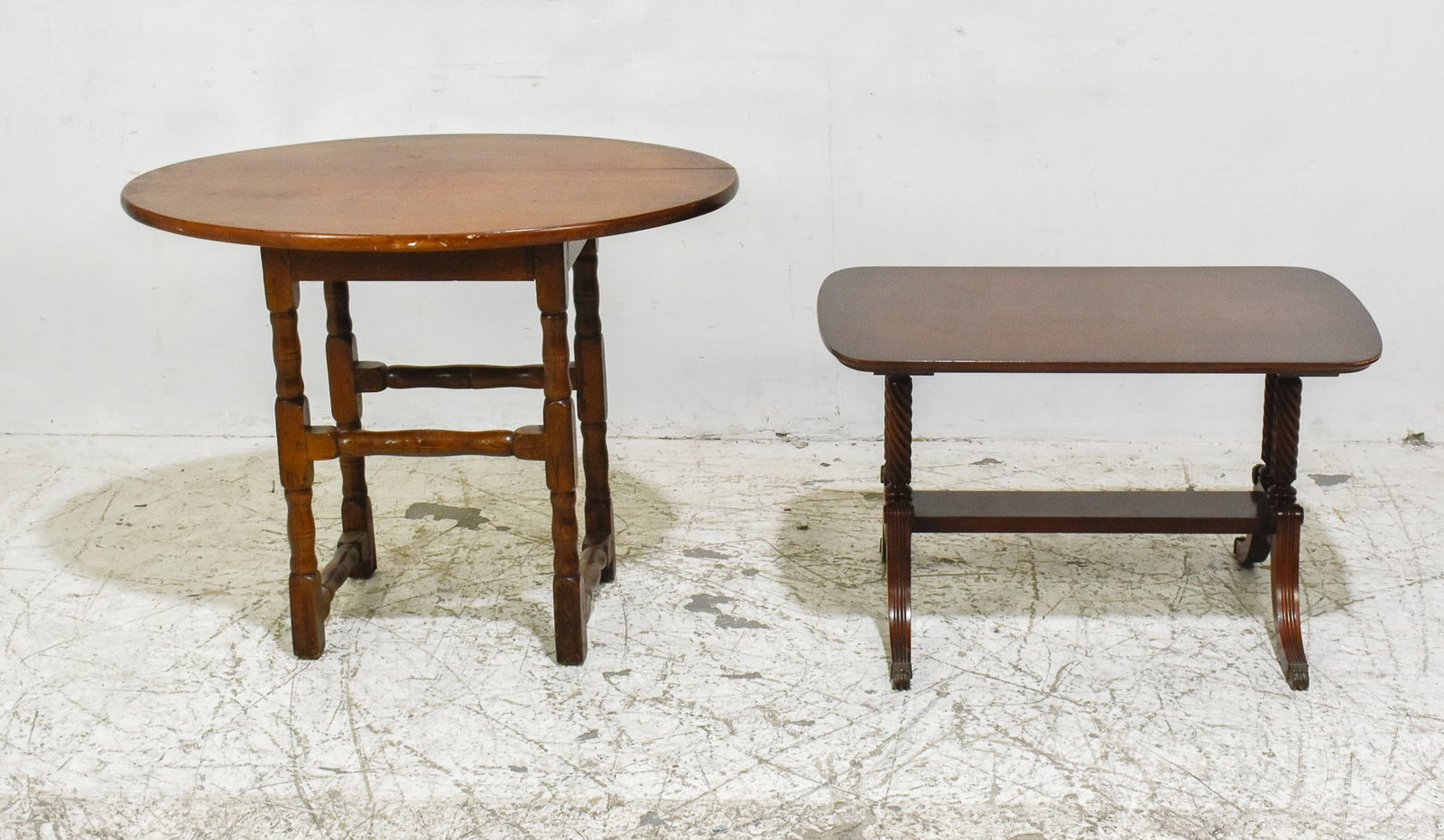 2 Mahogany Side Tables: * (Largest 24" h x 30 1/2" w x 24" d) Scratches and dings