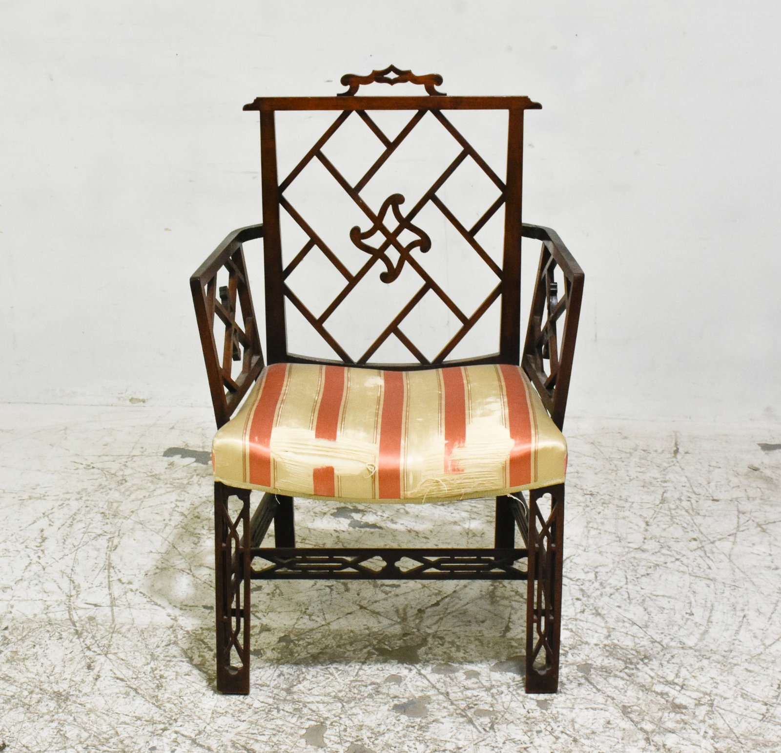 George III Style Mahogany Armchair: * (38 7/8" h x 23 5/8" w x 21 1/2" d) Scratches and dings, tears, stains, some losses, old repairs