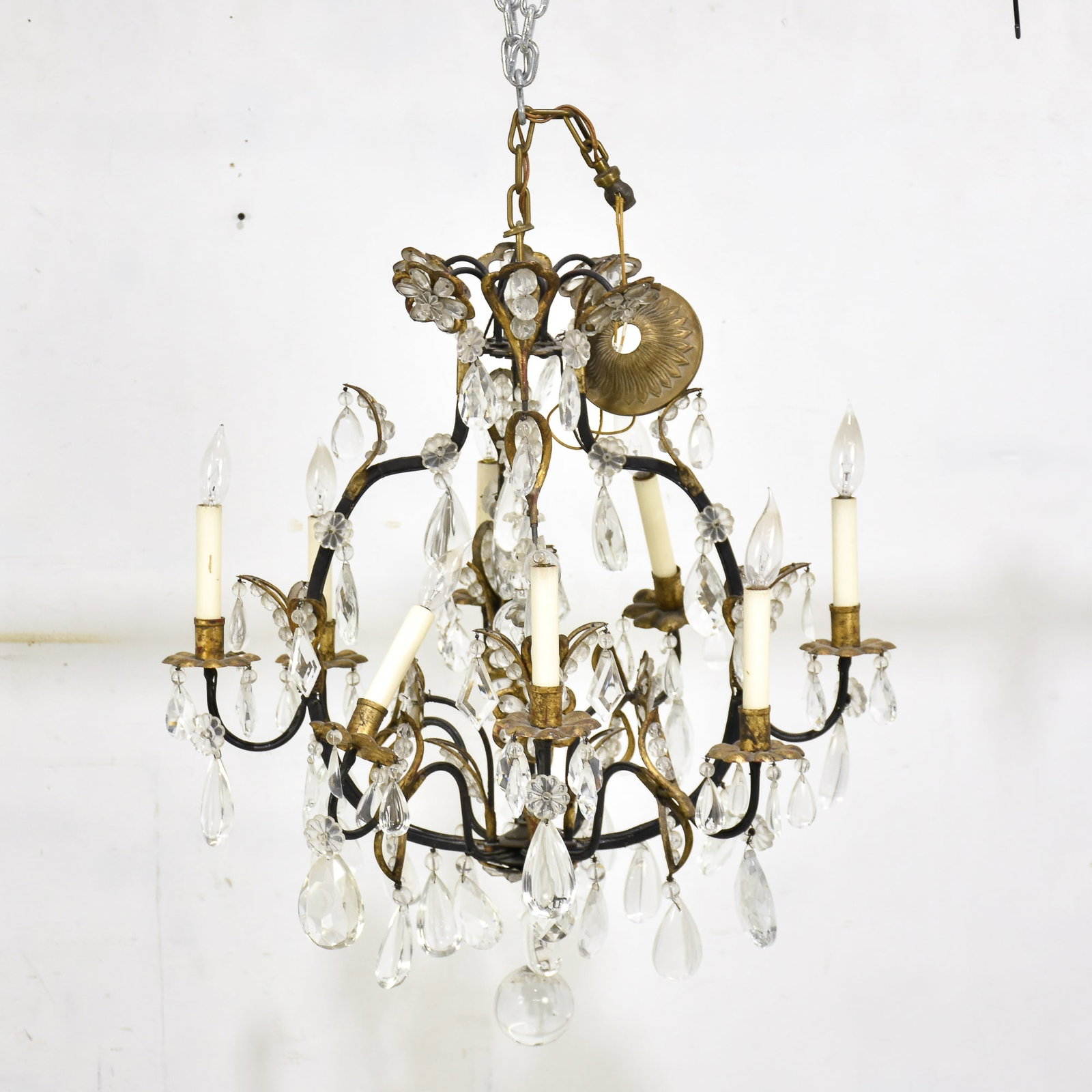 Metal & Glass Chandelier: * (24" h x 27" dia) Untested, missing hangings, minor dent to metal