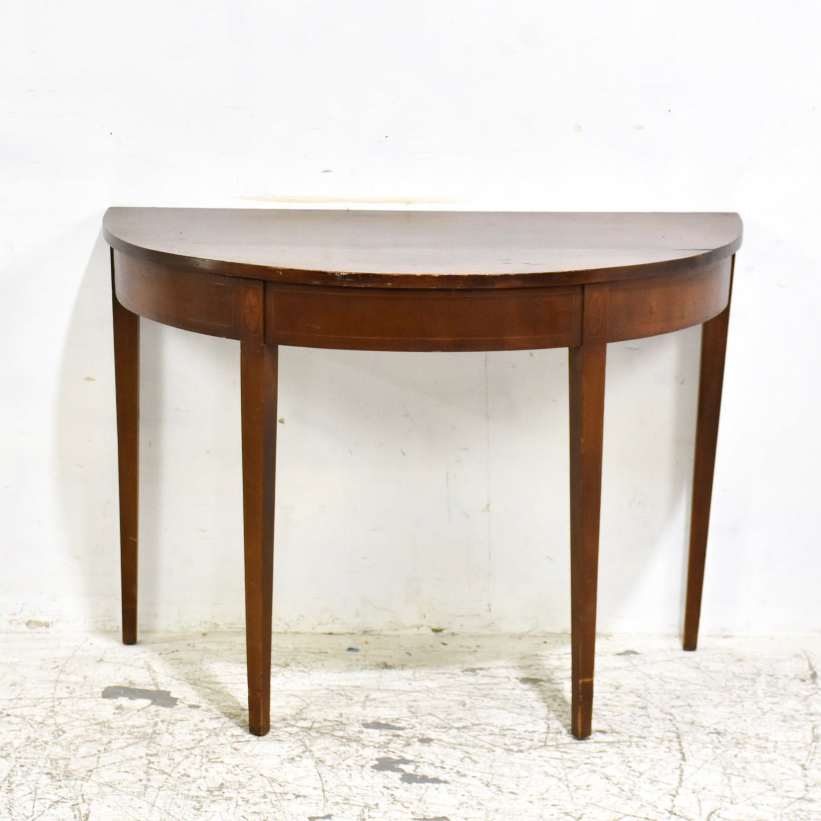 George III Style Inlaid Mahogany Demilune Console: * (30"h x 43" w x 23 5/8" d) scratches and dings