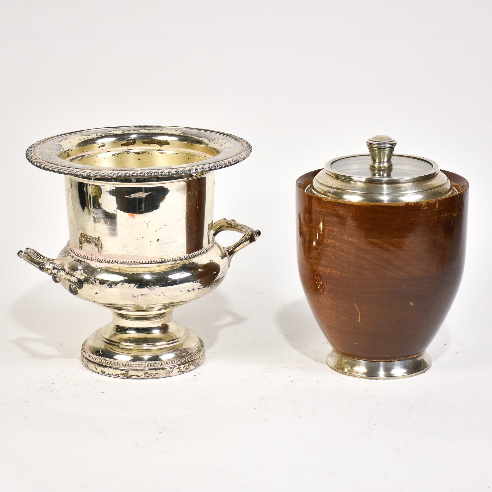 Two Wine Coolers: One wood and silver plated example * (Wine Cooler 10 3/8" h x 10 3/4" dia) overall wear