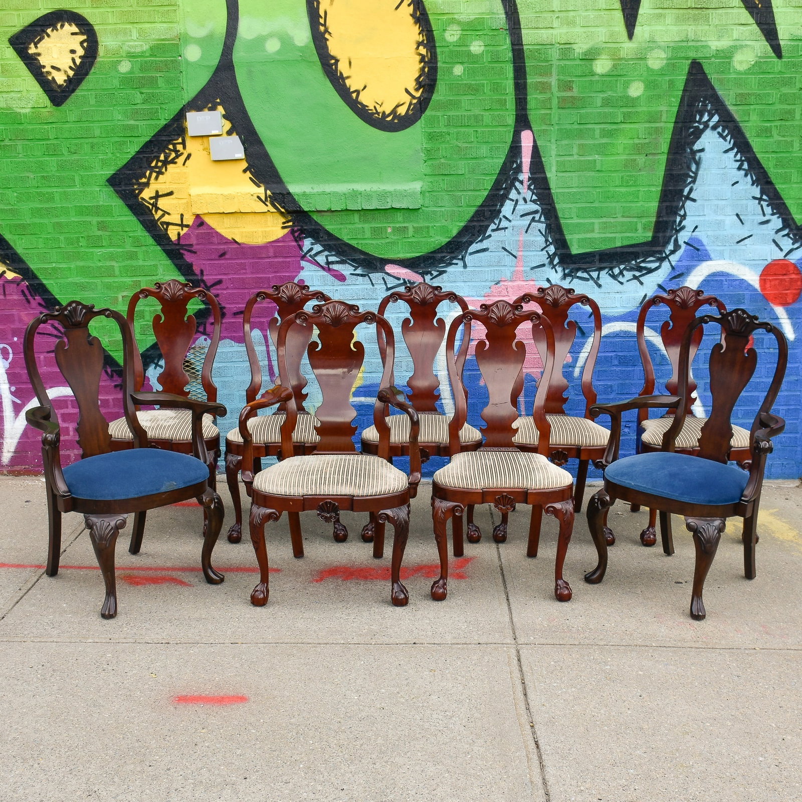 Set of Seven Queen Anne Style Mahogany Dining Chairs: KINDELL Including a similar pair of armchairs * (Armchair 42” h x 17” w x 20” d) Overall wear