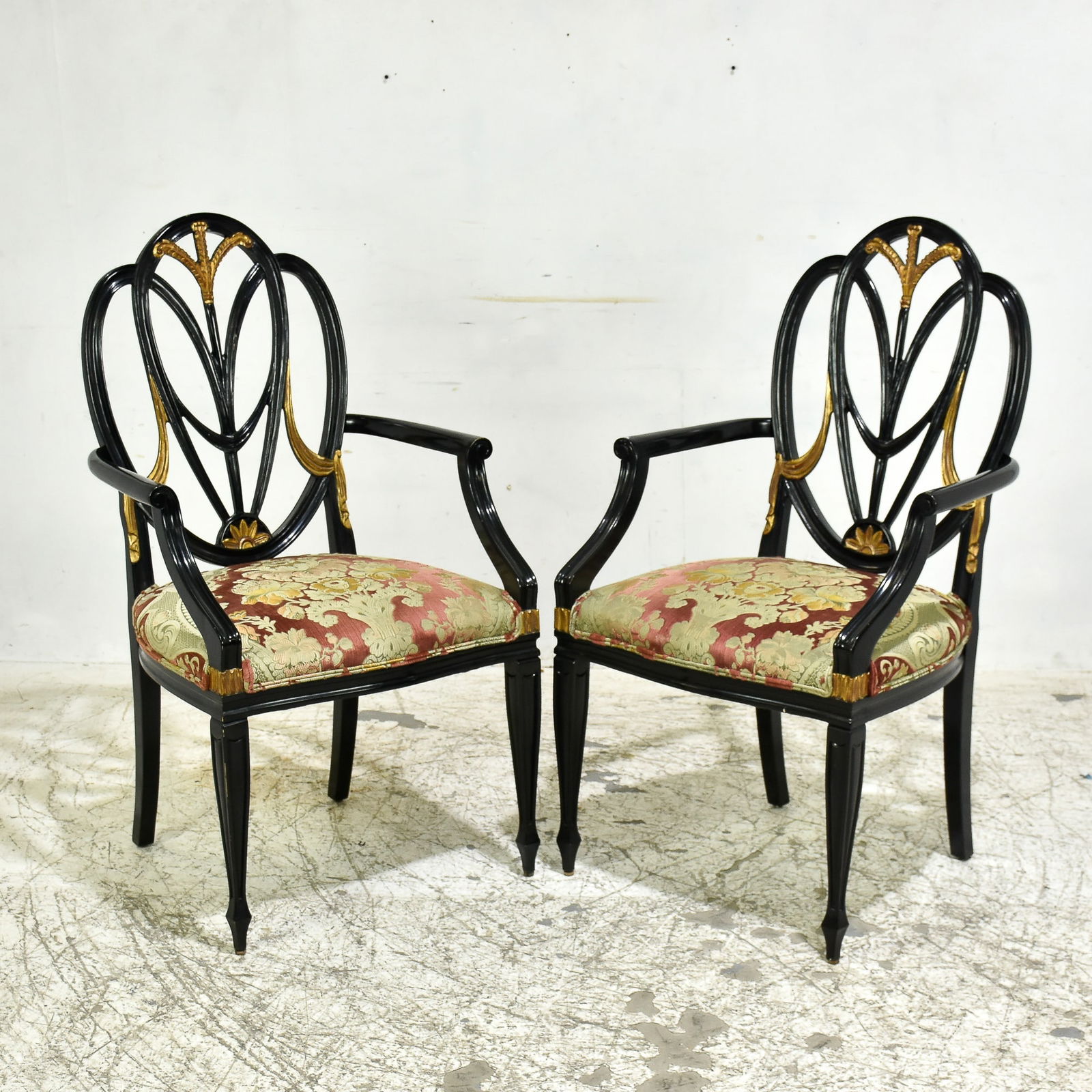 Pair of George III Style Upholstered Black and Gilt Painted Open Armchairs (1 of 4)