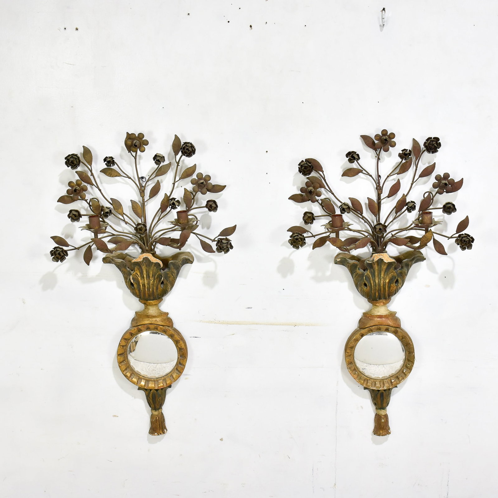 Pair of Gilt Painted Wall Fixtures: With covex mirror inserted * (37" h x 20" w) Overall wear