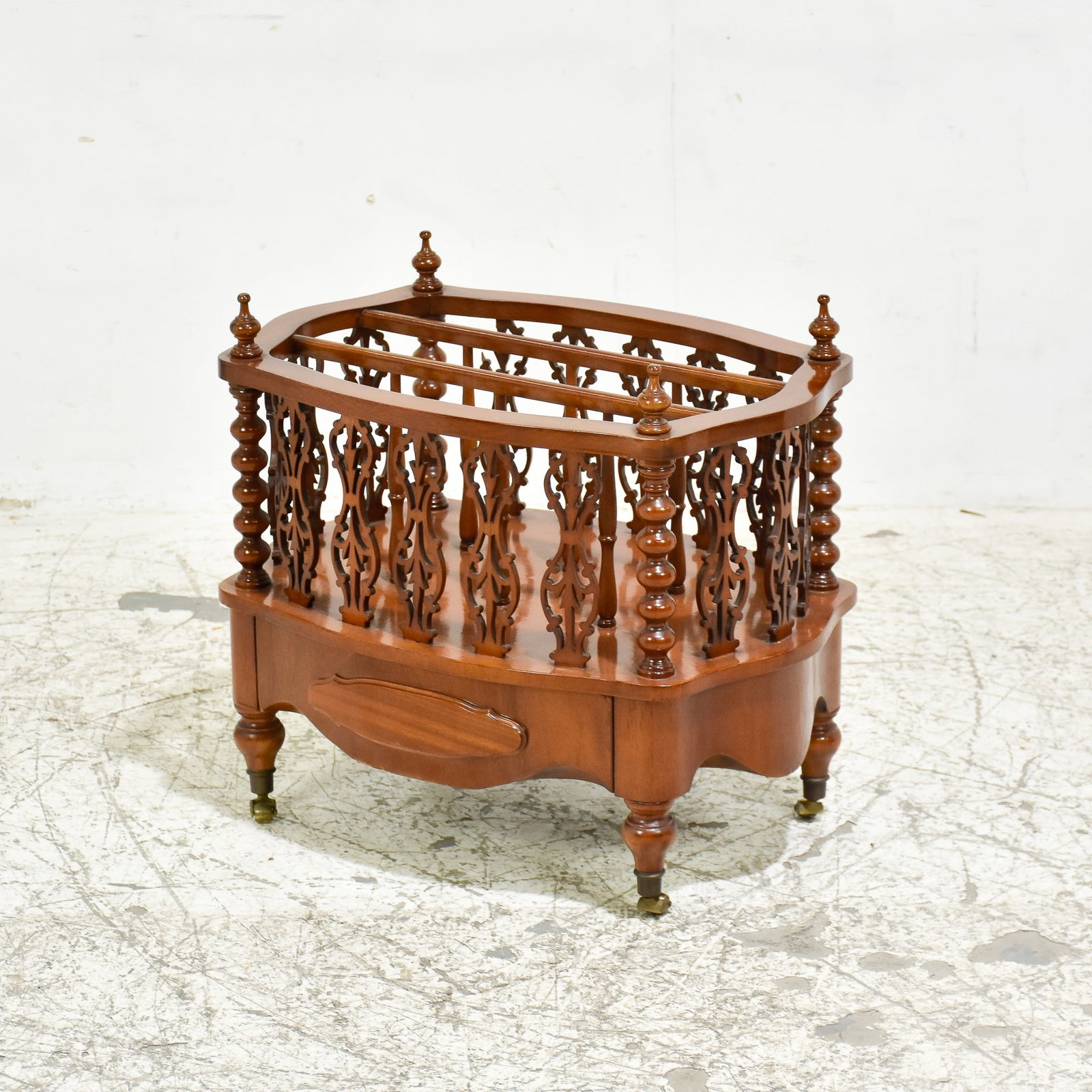 Victorian Fruitwood Canterbury: * (21" h x 23" w x 16 1/2" d) Missing wheel