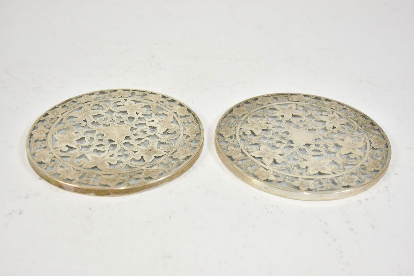 Pair of Glass Sterling Silver Overlay Trivets: Ap. 19 ounces * (6" dia) AS IS