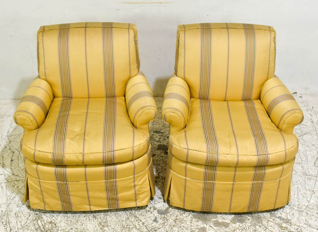 Pair of Yellow Silk Upholstered Armchairs: * (32" h x 25" w x 26" d) Stains