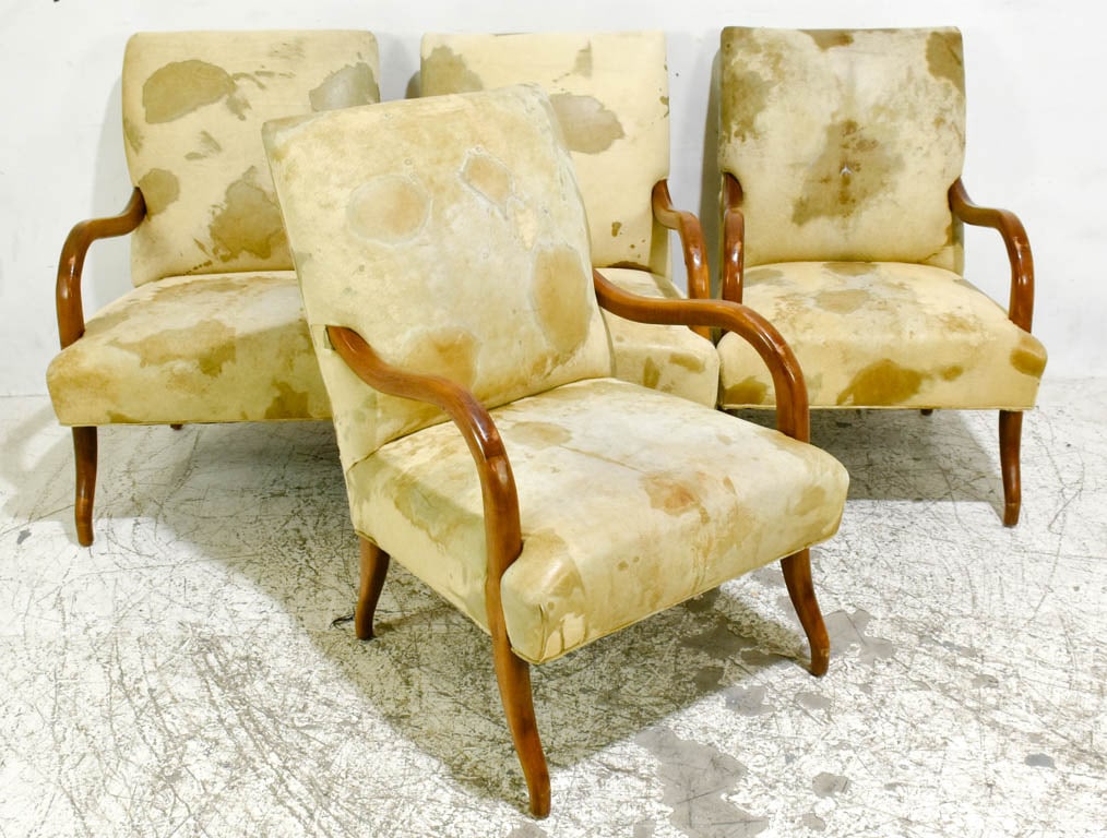 Set of 4 Art Deco Hide Upholstered Mahogany Armchairs: * (38" h x 26 1/2" w x 30" d) tear to one