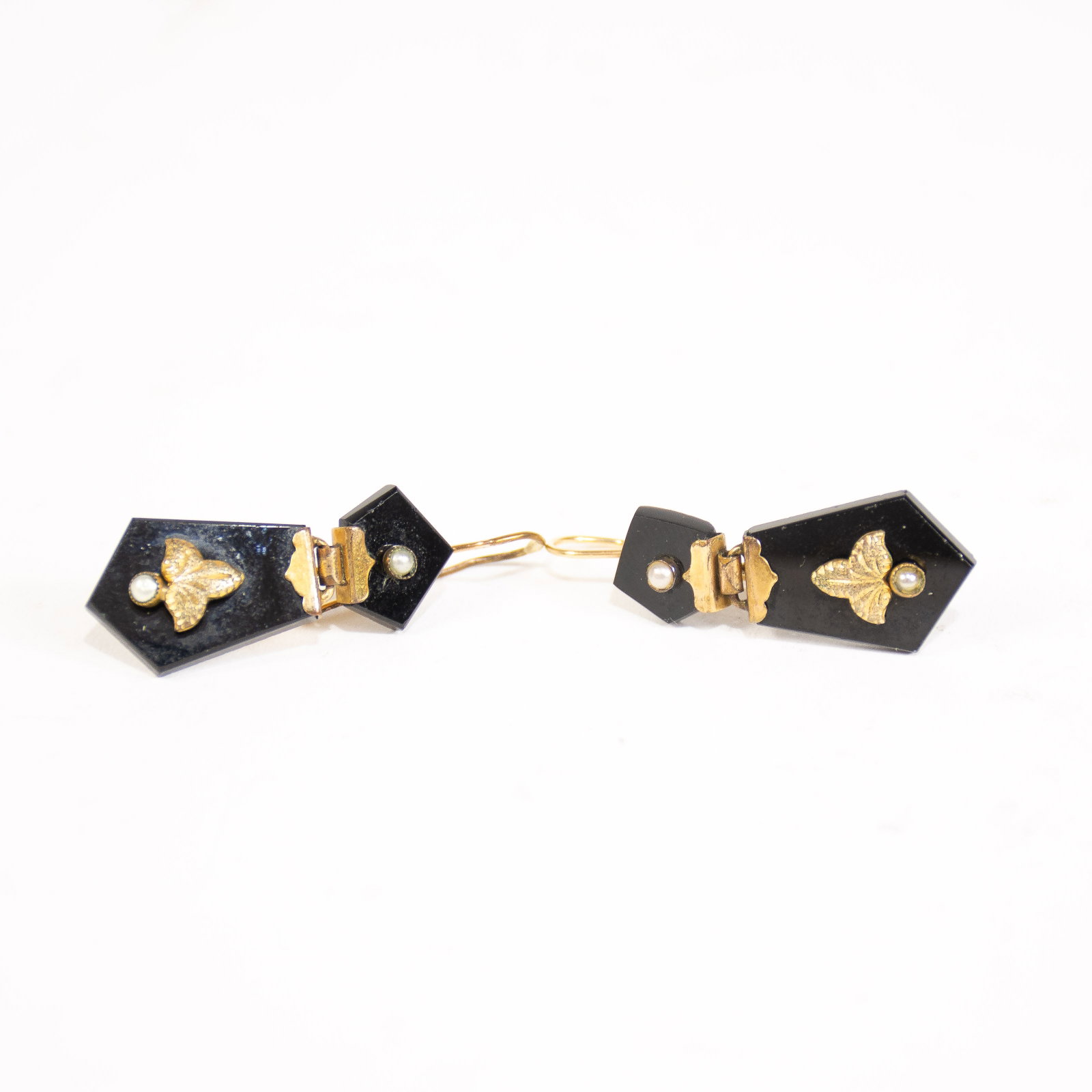 Pair of Metal, Black Onyx, and Seed-Pearl Pendant Earrings: * (Length: 1 1/2" )