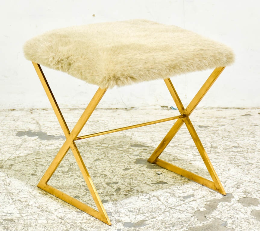 Contemporary Faux Fur Upholstered Gilt Metal X-Form Stool (1 of 4)