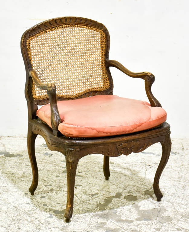 Continental Carved Wood Caned Armchair: * (36" h x 25" w x 20" d) Stains, scratches, dings