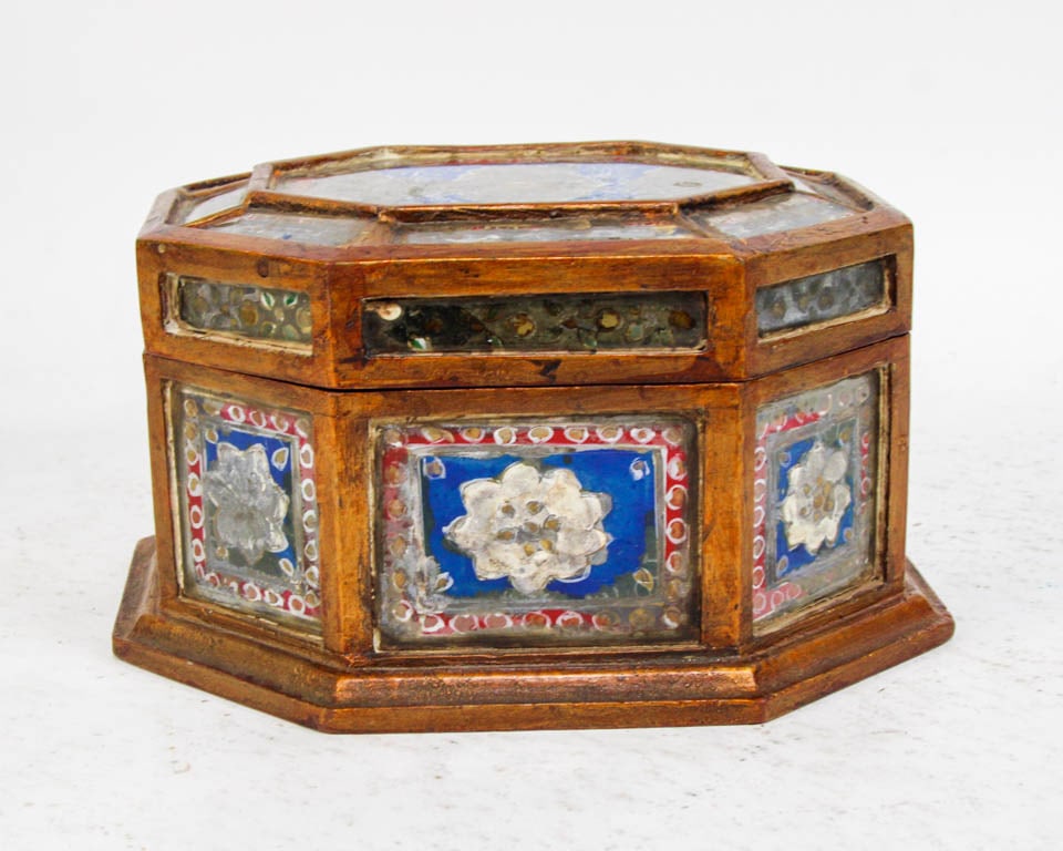 Eglomise Glass Tea Caddy: * (5" h x 8 1/2" w x 7 3/8" d) Loss to finish