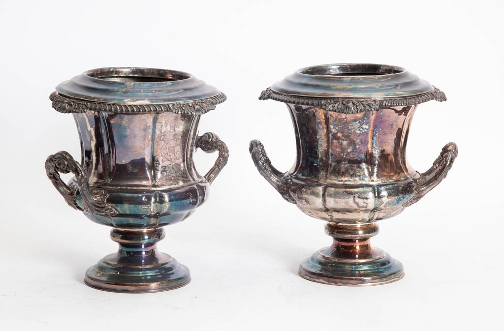 Pair of Silverplate Urn-Form Wine Coolers: * (10" h x 10" dia) good